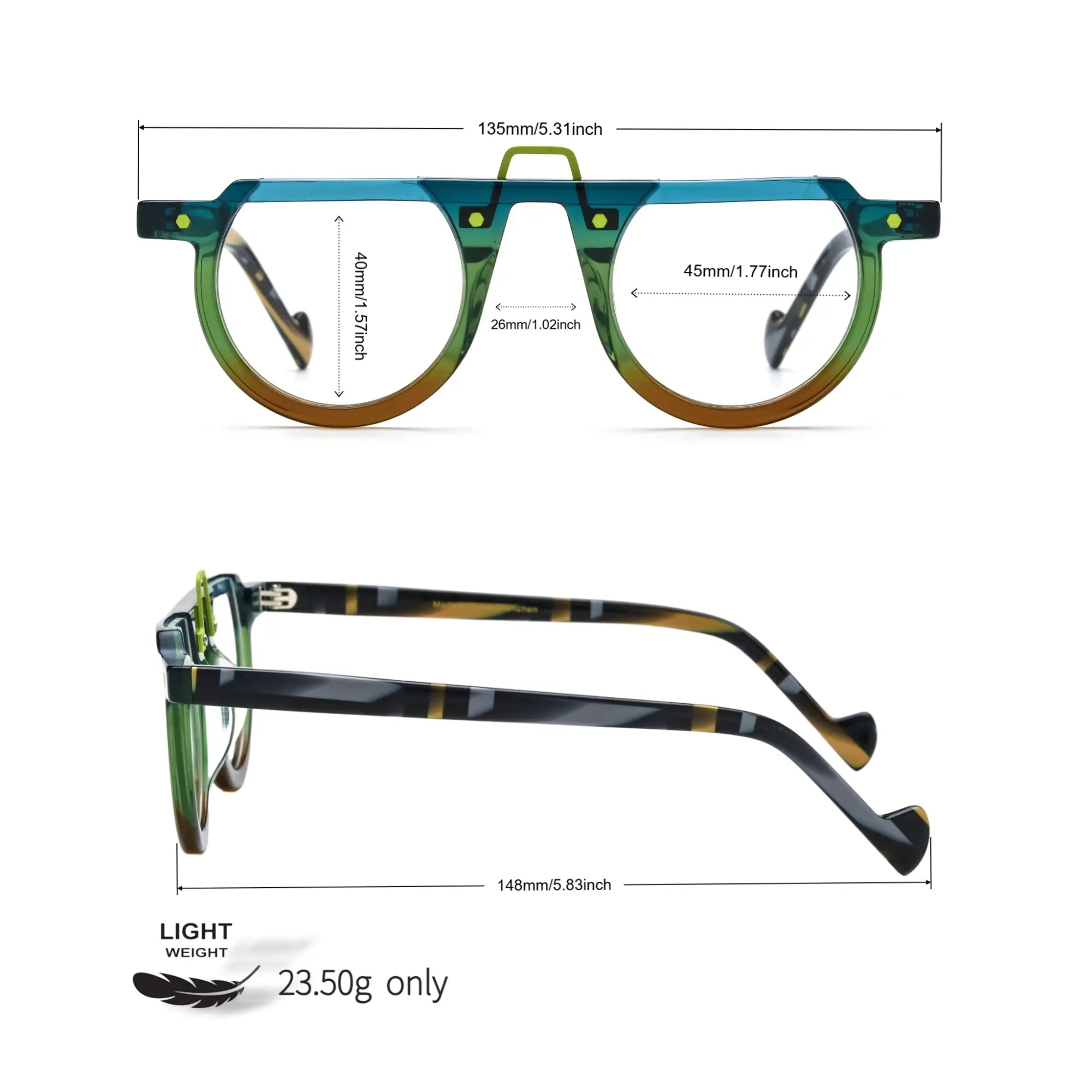 Size diagram of Lime Tortoiseshell VL19383 eyeglasses showing detailed frame dimensions